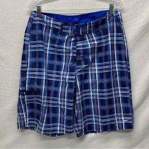 Nike Men's Swim Shorts W32 Blue Plaid Zip Pocket Hook N Loop Swoosh Boardshorts